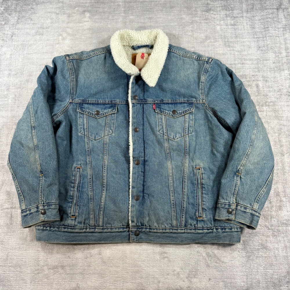 Levis Trucker Jacket Mens 2XL Blue Denim Sherpa Lined Faux Fur Type 3 Coat NEW